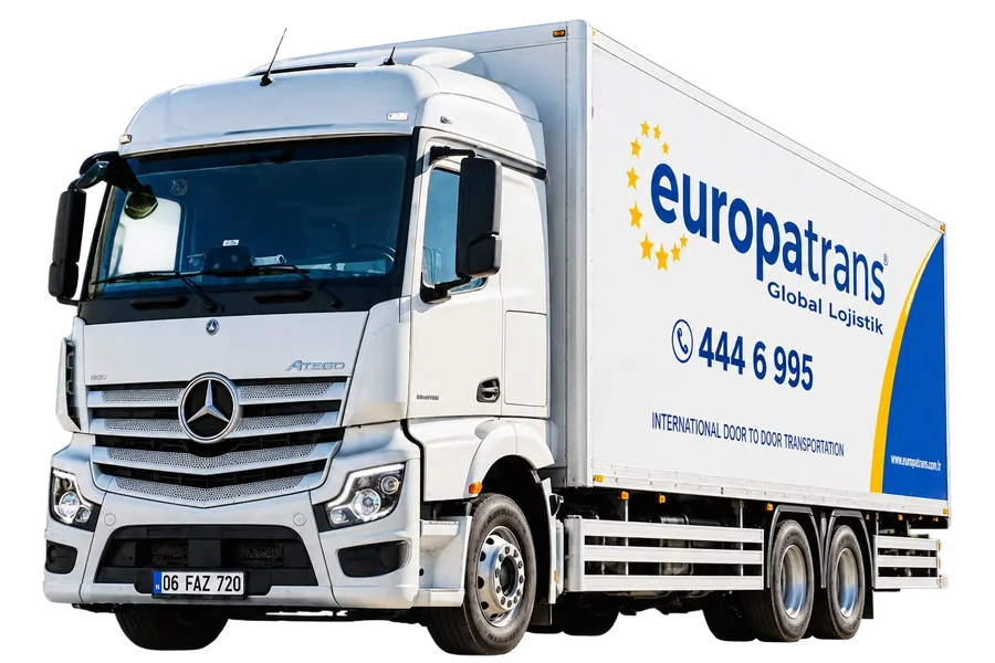 Europatrans Global Lojistik yazılı beyaz Mercedes kamyon, 444 6 995